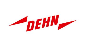 Rotes DEHN-Logo mit stilisierten Blitzen links und rechts, auf weißem Hintergrund.